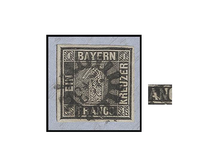 1 Kr. grauschwarz, Platte 2, mit markantem Plattenfehler "Kratzer durch die Rahmenlinie und AN von FRANCO", voll bis breitran