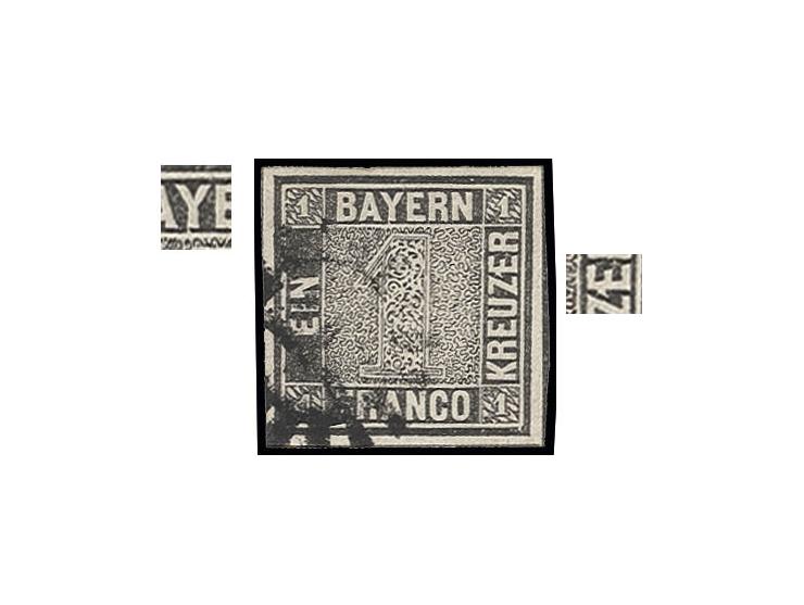 1 Kr. schwarz, Platte 2, Plattenposition A12 mit markantem Plattenfehler "weißer Punkt am Rücken des E von KREUZER" sowie Rah