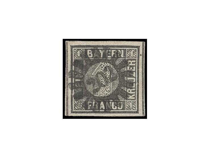 1 Kr. schwarz, Platte 2, allseits breitrandig, links und rechts mit vollen Schnittlinien, leicht repariert (kleine Hinterlegu