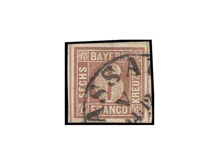 6 Kr. braunorange, allseits breit- bis überrandig mit allen 4 Zwischenlinien, sauber entwertet durch Segmentstempel von Passa