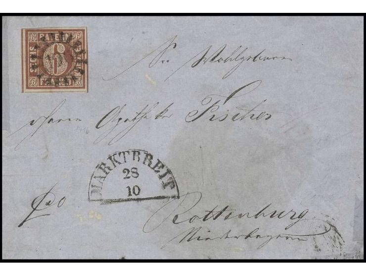 6 Kr. lebhaftrötlichbraun, voll- bis meist breitrandig mit zentrischem gMR "196" und nebengesetztem Aufgabestempel "MARKTBREI