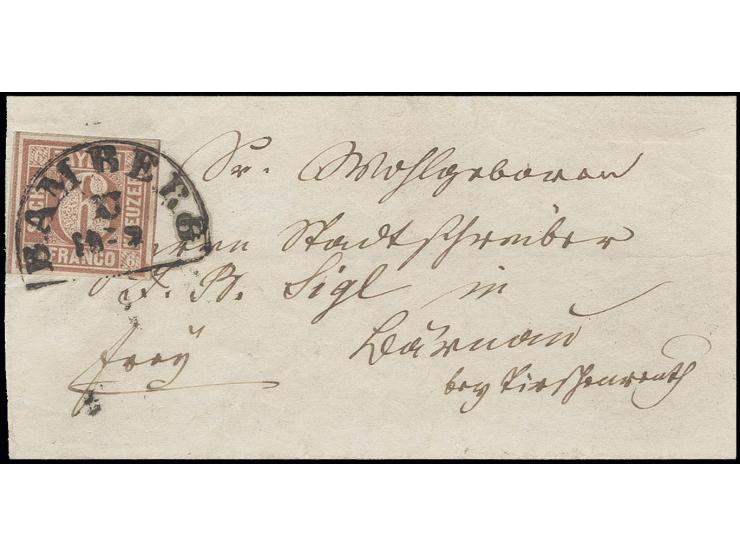 6 Kr. braunorange, allseits breitrandig mit sauberem Segmentstempel "BAMBERG" auf kleiner Briefvorderseite mit einer Rückklap