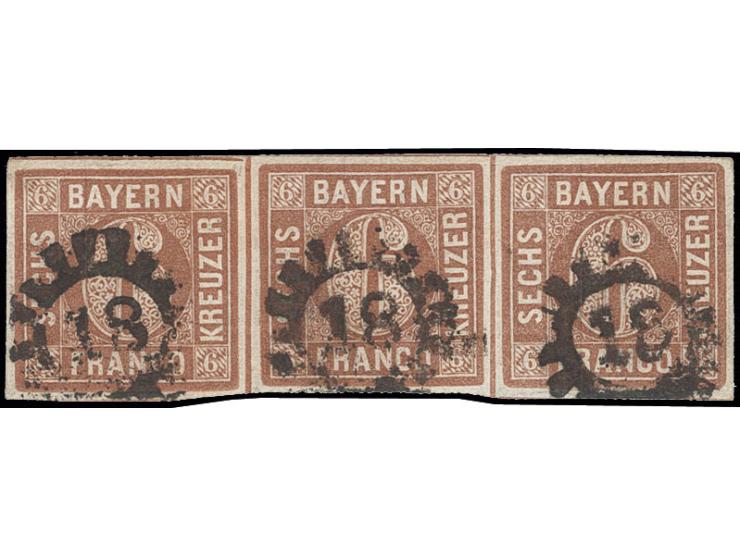 6 Kr. rötlichbraun, Platte 1,  im waagerechten 3er-Streifen, voll- bis meist breitrandig, jeder Wert einzeln entwertet mit gM