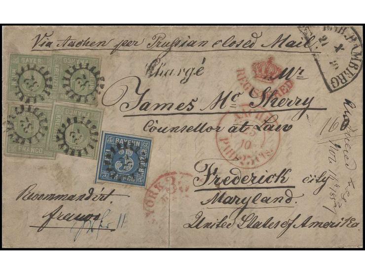 9 Kr. grün, 4 Einzelwerte zusammen mit 3 Kr. blau, eine 9 Kr. angeschnitten, sonst meist breit- bis überrandig mit gMR "32" u