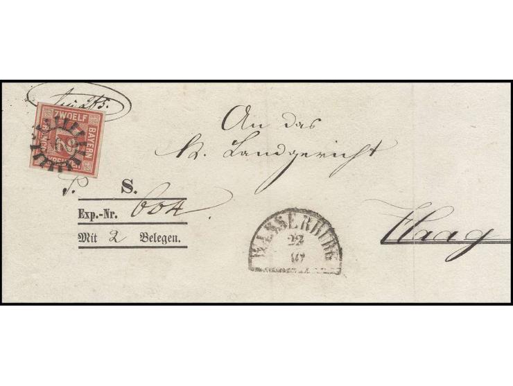 12 Kr. rot, allseits breitrandig mit gMR "560" und nebengesetztem Segmentstempel "WASSERBURG 22/10" auf nicht ganz kpl. Brief