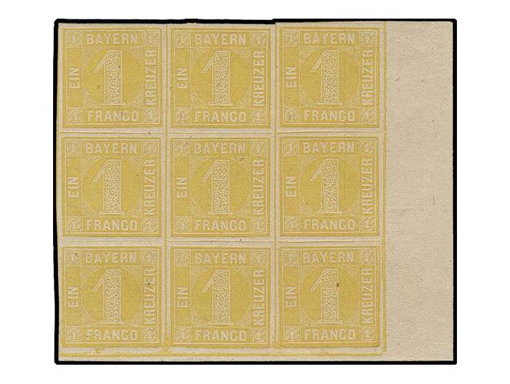 1862, Farbänderung: 1 Kr. lebhaftgelb im 9er-Block aus der rechten unteren Bogenecke, links mit 13 mm Bogenrand, die oberen W