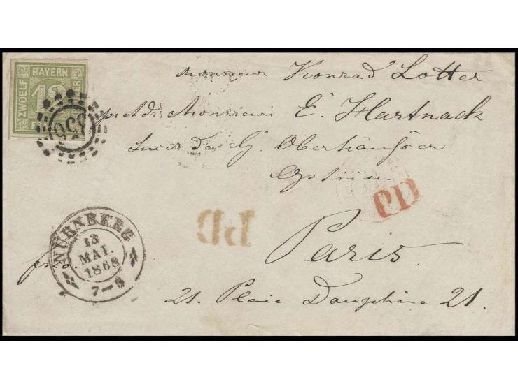 12 Kr. grün, voll- bis meist breitrandig mit sauberem oMR "356" auf Briefkuvert mit nebengesetztem DKr. "NÜRNBERG 13 MAI. 186