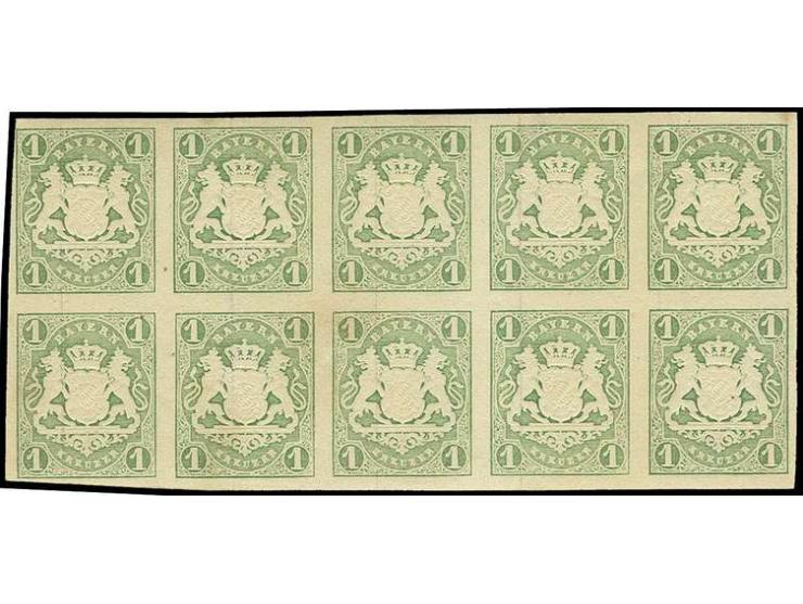 1867/68, Wappen geschnitten: 1 Kr. bläulichgrün im waagerechten 10er-Block, voll- bis ganz überwiegend breitrandig und farbfr