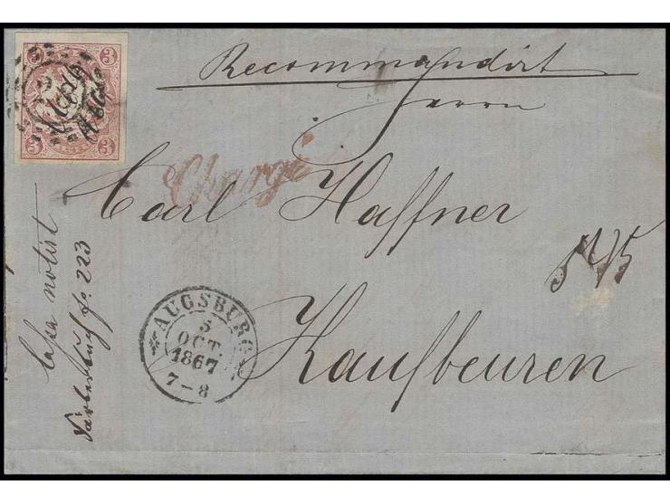 3 Kr. karmin, allseits breitrandig, mit oMR "28" und handschriftlich "Nach Abg" auf Reco-Brief von "AUGSBURG 5 OCT. 1867" mit