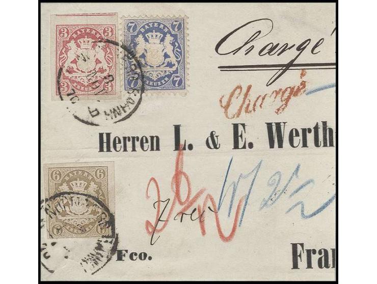 3 Kr. karmin und 6 Kr. braun in Mischfrankatur mit gezähnter Ausgabe 7 Kr. ultramarin mit Stempel "NÜRNBERG BAHNH. 3 NOV. 70"
