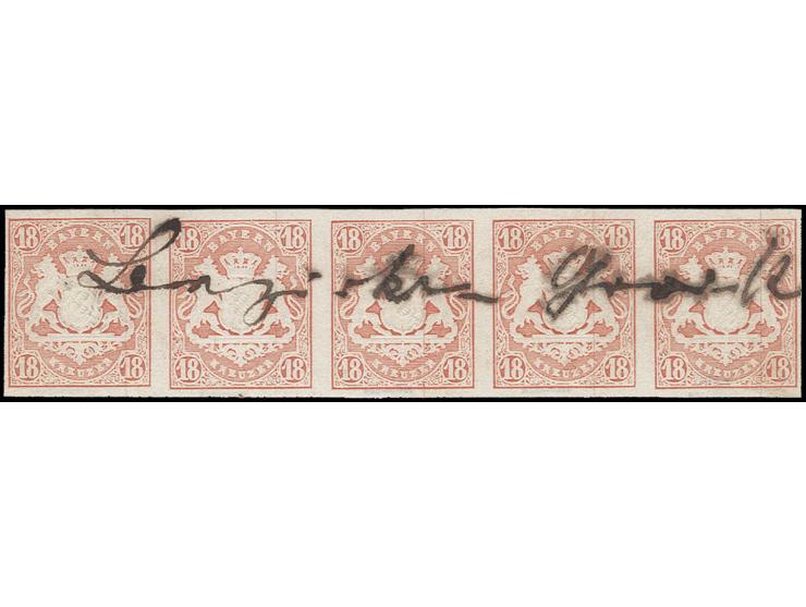 18 Kr. dunkelzinnoberrot im waagerechten 5er-Streifen, voll- bis meist breitrandig und farbfrisch mit handschriftlicher Entwe