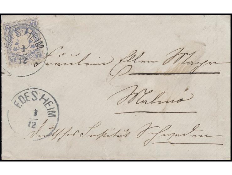 7 Kr. ultramarin, farbfrisch und gut gezähnt mit klarem EKr. "EDESHEIM 1/12" (1875) auf Briefkuvert nach Malmö mit Ankunftsst