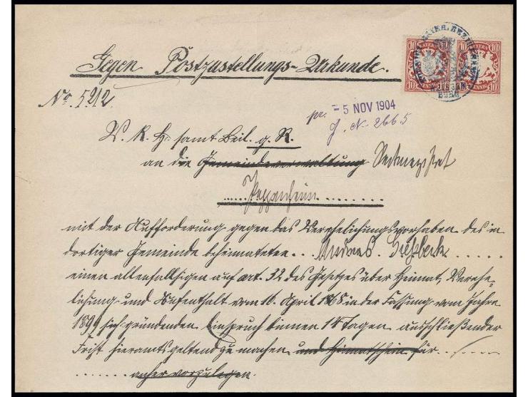 10 Pfg. im waagerechten Paar mit Dienstsiegelentwertung für die Bearbeitungsgebühr auf einer Postzustellungs-Urkunde (Hinbrie