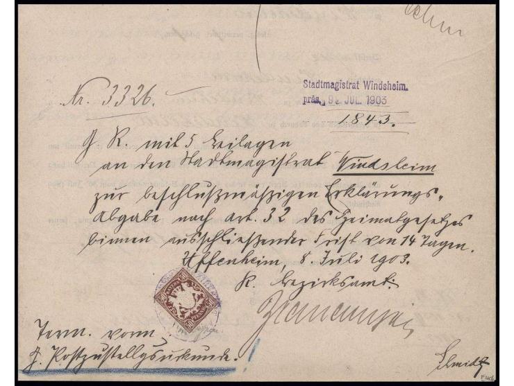 1890, 50 Pfg. mit Dienstsiegelentwertung als Gebühr für 5 Vorgänge auf Formular des Stadtmagistrat Nürnberg nach Windsheim un