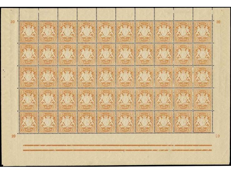 2 M. orange auf grauweißem Papier, 20. Auflage, vollständiger Bogen von 50 Marken mit breiten Bogenrändern, postfrisch mit Fa