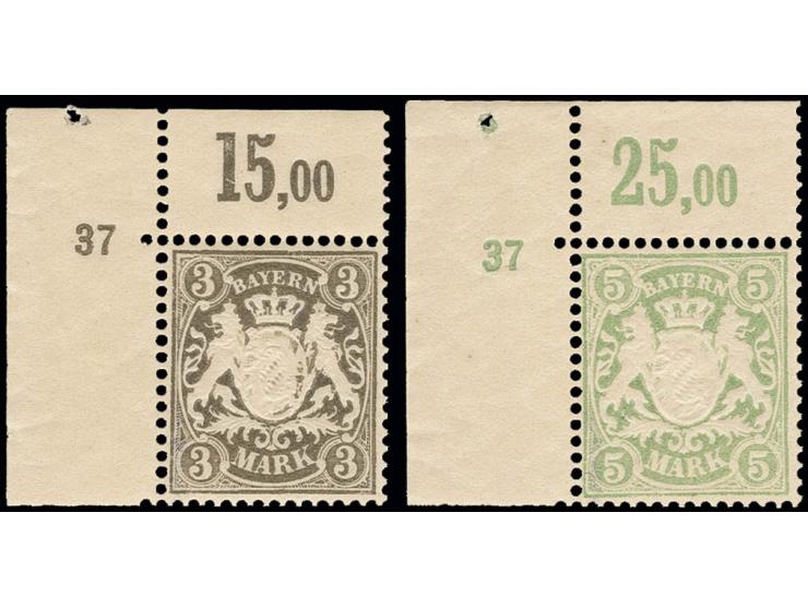 1900, 3 M. und 5 M. auf Papier y, jeweils linke obere Bogenecke mit Plattennr. "37", postfrisch, Kabinett, sign. Dr. Helbig B