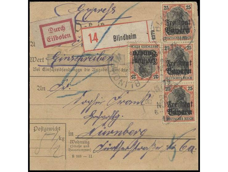1919, Freistaat 25 Pfg., 14 Stück vorder- und rückseitig auf Eilboten-Paketkarte von "BLINDHEIM 26.11." nach Nürnberg, "5" Pf