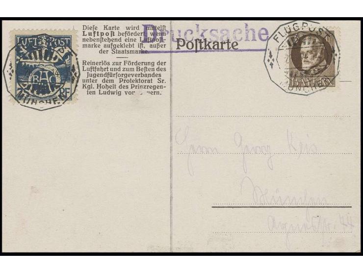 Halbamtliche Flugpost: 1912, 25 Pfg. mit Ludwig 3 Pfg., und Sonderstempel von München auf Drucksachenkarte