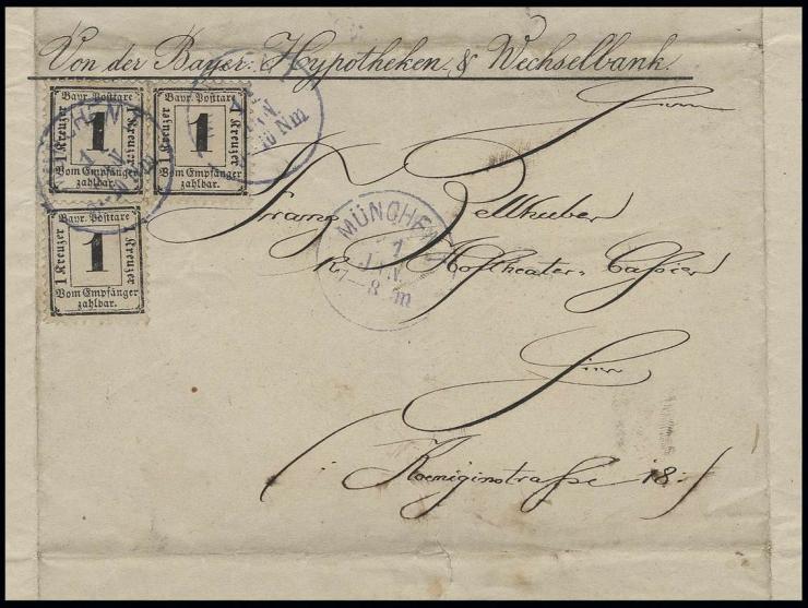 1870, Wz. enge Rauten: 1 Kr. schwarz, drei Werte, einer davon mit Plattenfehler "V von VOM verstümmelt", mit blauem EKr. "MÜN