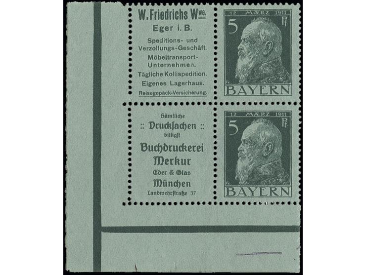 "W. Friedrichs Wwe."+5 Pfg. und "Buchdruckerei Merkur"+5 Pfg. zusammen als 4er-Block aus der linken unteren Bogenecke, postfr