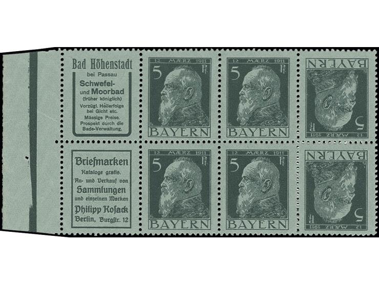 "Bad Höhenstadt"+5 Pfg. und "Briefmarken Kosack"+5 Pfg. zusammen mit 2 Kehrdrucken 5+5 Pfg. als Einheit vom linken Rand, post