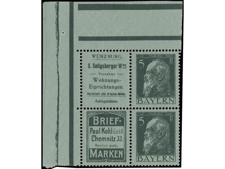 "Seligsberger Wwe."+5 Pfg. und "Briefmarken Kohl"+5 Pfg. als Einheit aus der linken oberen Bogenecke, postfrisch, Kabinett (M