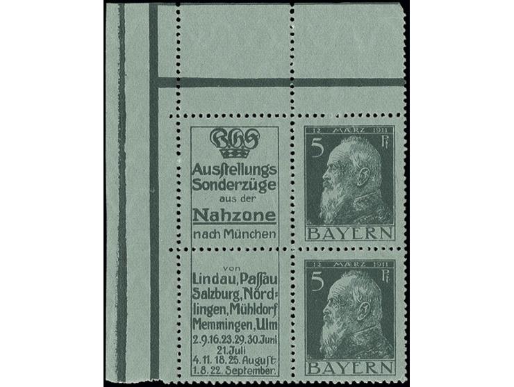"Ausstellungs-Sonderzüge"+5 Pfg. und "von Lindau, Passau..."+5 Pfg. als Einheit aus der linken oberen Bogenecke, postfrisch m