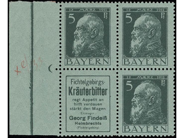 "Kräuterbitter"+5 Pfg. mit 2 weiteren Werten 5 Pfg. vom linken Rand, postfrisch mit Falz in linker oberer 5 Pfg., Kabinett (M