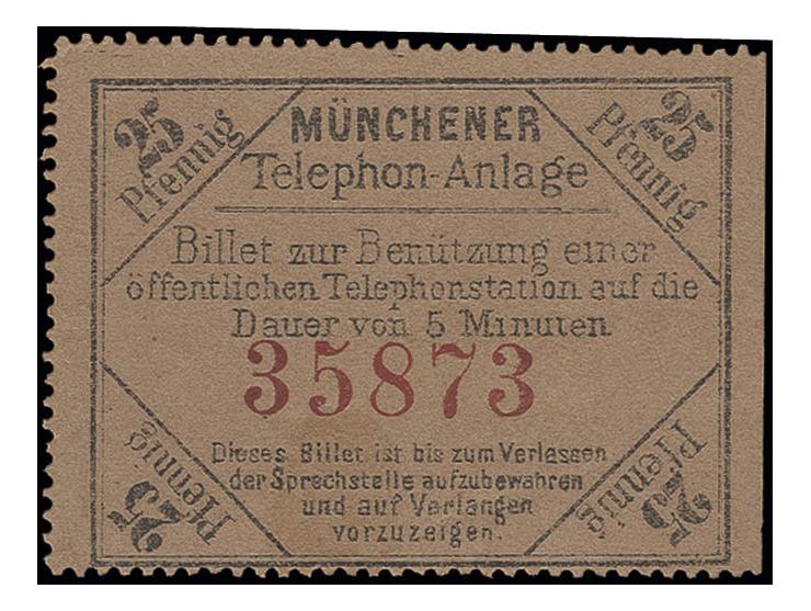 TELEFONBILLETS: 1883, München 25 Pfg. auf braun in frischer einwandfreier Erhaltung, selten, Fotoattest Helbig BPP (Mi. 2.500