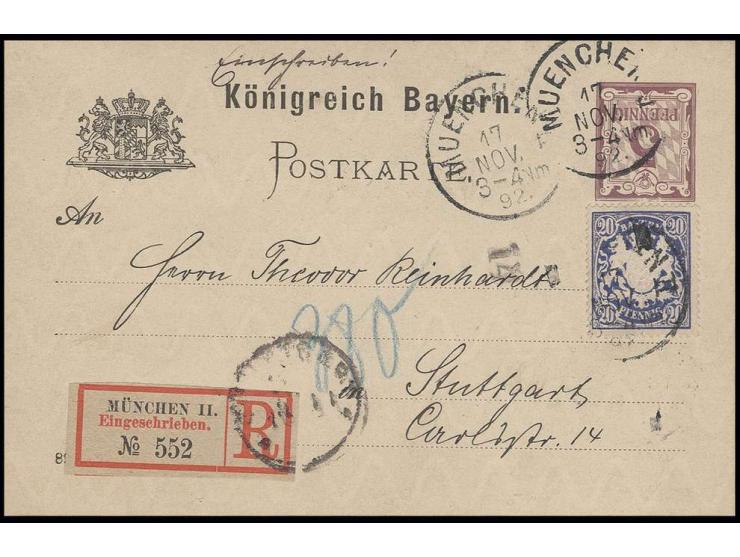 GANZSACHEN: 1892, Karte 5 Pfg. mit kopfstehendem Werteindruck und Zufrankatur Staatswappen 20 Pfg. als Einschreibe-Karte von 
