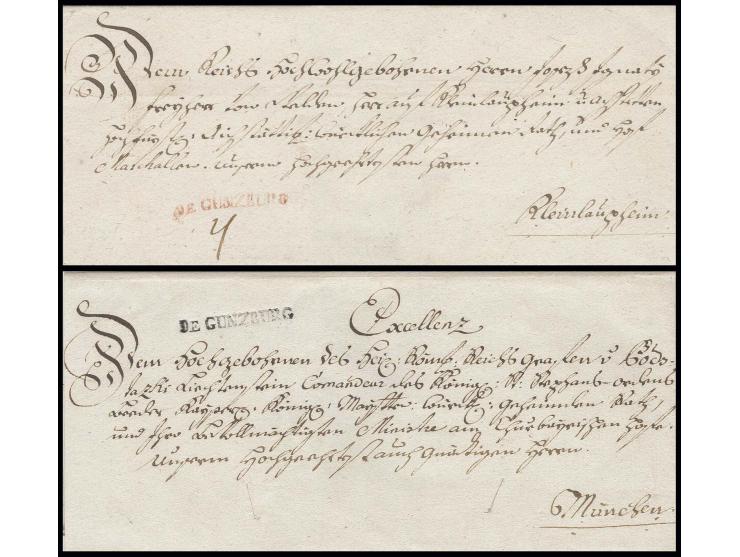 STEMPEL: "DE GUNZBURG", L1 in schwarz und rot auf 2 dekorativen Briefhüllen nach München bzw. Kleinlaubheim, einmal datiert 1