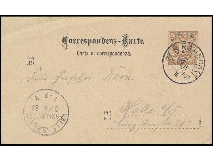 "K.B. BAHNPOST Kufts.-Mchen II/ 2 SEP." auf österreichischer Ganzsachenkarte 2 Kr. braun nach Halle mit Ankunftsstempel, etwa