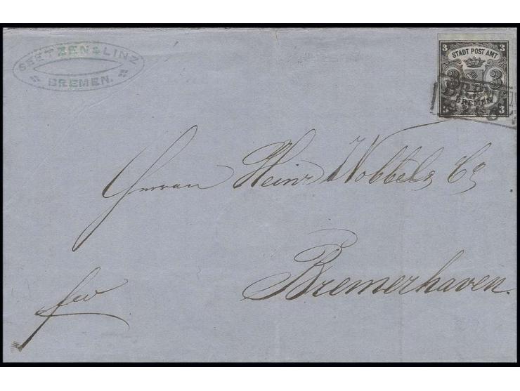 1855, 3 Gr. auf blaugrau, senkrecht gestreiftes Papier, voll- bis breitrandig mit Ra2 "BREMEN 29 2" (1864) auf Briefhülle nac