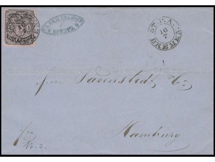 1856, 5 Gr. auf hellkarmingrau, Type I, sehr schön farbfrisch und voll- bis breitrandig, mit sauber aufgesetztem kleinen DKr.