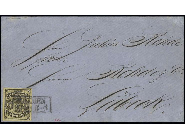 1860, 7 Gr. auf gelb, farbfrisch und allseits gut gerandet mit Ra2 "BREMEN 30 12" auf Briefkuvert nach Lübeck aus der bekannt