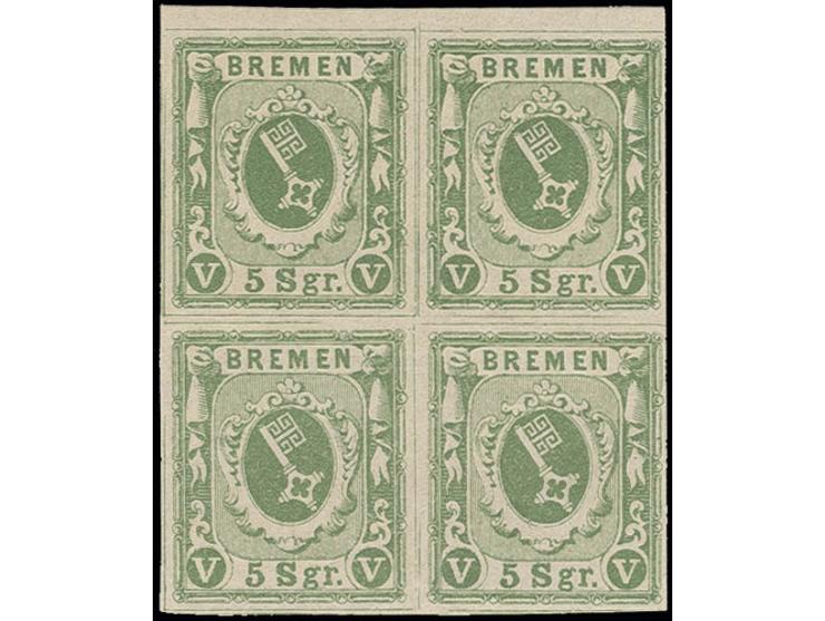1859, 5 Sgr. gelbgrün im Oberrand-4er-Block, allseits breitrandig, postfrisch in tadelloser Erhaltung, Luxus, sign. Pfenninge