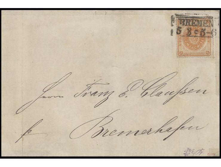 1861/64, durchstochen: 2 Gr. gelborange, farbfrisch und mit gutem Durchstich, mit sauberem Ra2 "BREMEN 5 3" auf Briefhülle de