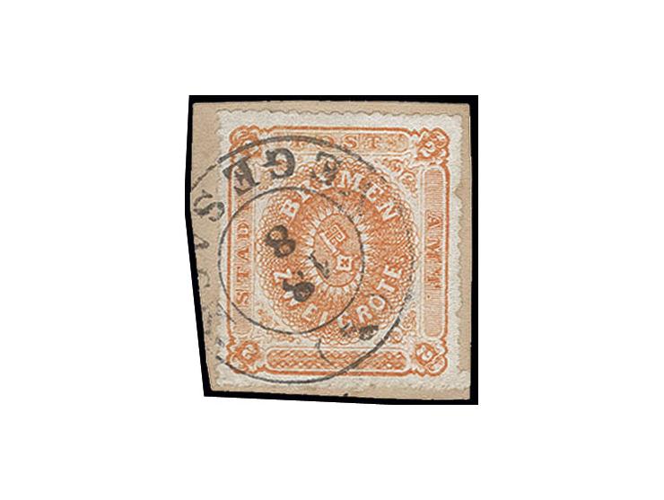 2 Gr. dunkelgelblichorange auf gestrichenem Papier, farbfrisch und bis auf trennungsbedingte leichte Durchschnittskerben rech