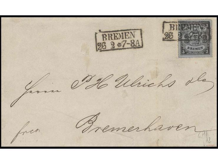 3 Gr. auf blaugrau, senkrecht gestreiftes Papier,  farbfrisch und mit ausgabetypischem guten Durchstich, mit klarem Ra2 "BREM
