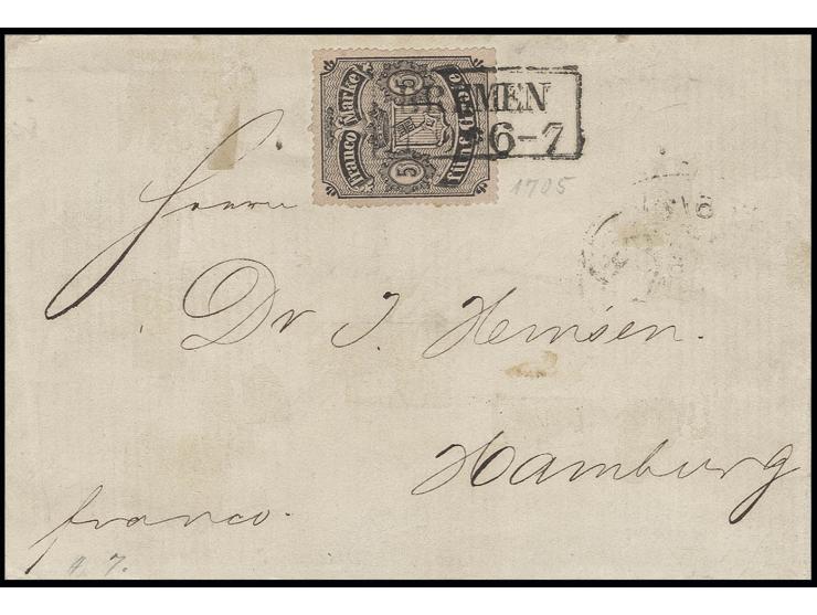 5 Gr. auf mattgraubraun, farbfrisch und einwandfrei durchstochen, sehr schön zentriert, mit sauberem Ra2 "BREMEN 11 9" auf kl