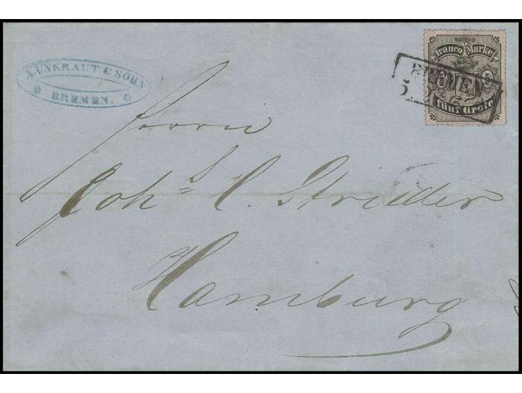 5 Gr. auf mattgraubraun mit allseits gutem Durchstich D1I, mit Ra2 "BREMEN 5 2" (1866) auf Faltbriefhülle nach Hamburg; die l