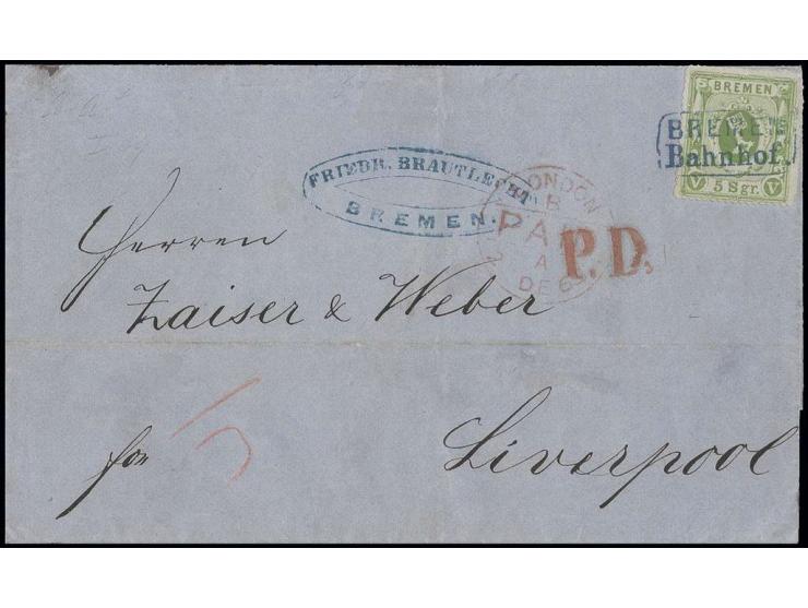 5 Sgr. gelbgrün mit klarem blauen Ra2 "BREMEN Bahnhof" auf Briefhülle 1865, nach Liverpool, nach preußischem Vertrag mit 3 st