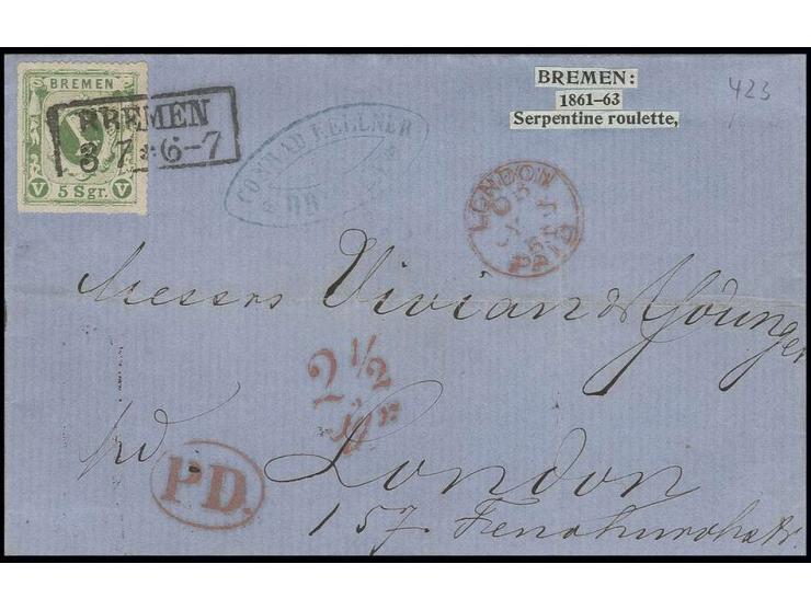 5 Sgr. grün, farbfrisch und gut durchstochen mit klarem Ra2 "BREMEN 3 7" (1865) auf kpl. Faltbrief nach London, bis auf einen