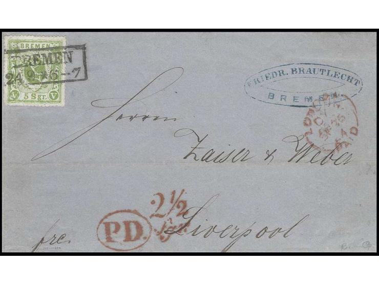 5 Sgr. grün auf gestreiftem Papier, farbfrisch und gut durchstochen, mit sauberem Ra2 "BREMEN 24 9" (1864) auf Briefhülle nac