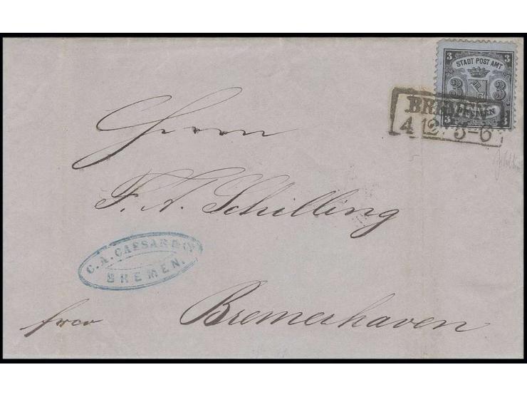 3 Gr. auf blaugrau, farbfrisch und gut gezähnt mit klarem Ra2 "BREMEN 4 12" (1866) auf kpl. Brief nach Bremerhaven, Kabinett,