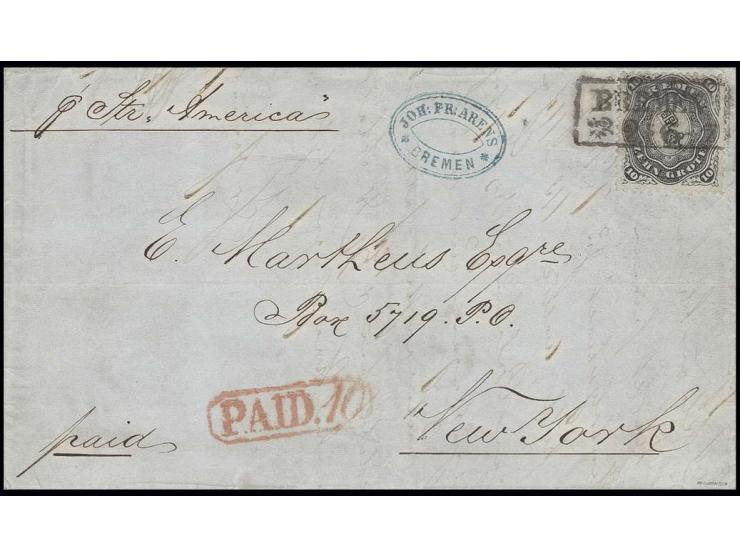 10 Gr. schwarz, farbfrisch und gut gezähnt mit sauber gerade aufgesetztem Ra2 "BREMEN 23 2" auf Briefhülle nach New York; ein