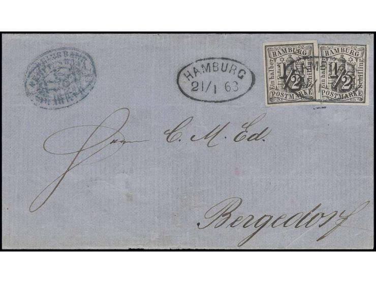 1859, geschnitten: ½ Sch. schwarz, 2 Einzelwerte, beide voll- bis sehr breitrandig mit Ovalstempel "HAMBURG 21/1 63", zusätzl