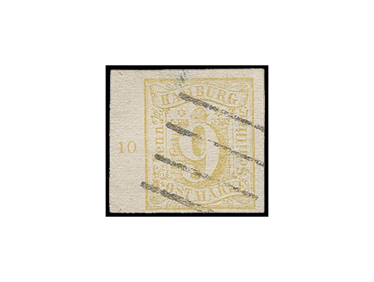 9 Sch. gelb, sehr schön farbfrisch und allseits breit- bis überrandig, links mit ca. 5 mm Bogenrand mit Reihenzähler "10", sa