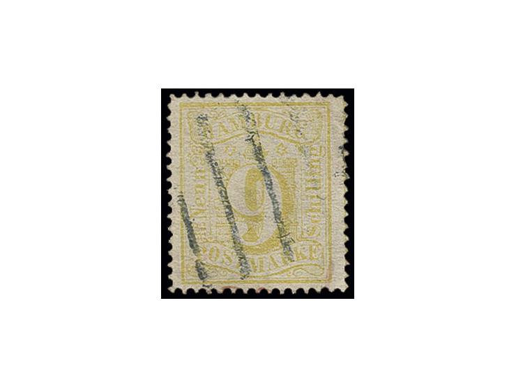 1864, gezähnt: 9 Sch. zitrongelb, farbfrisch und einwandfrei gezähnt mit sauber aufgesetztem Strichstempel, Kabinett, sign. B