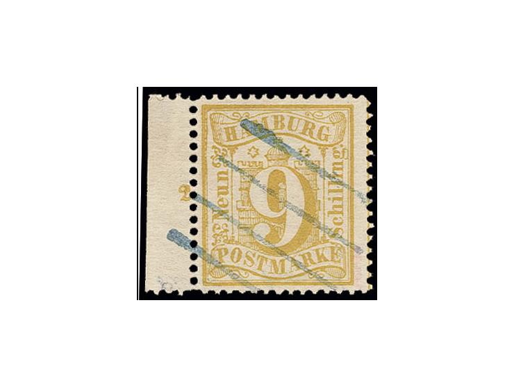 9 Sch. orangegelb, sehr schöne tiefe Farbe und allseits tadellos gezähnt, links mit Bogenrand mit Reihenzähler "2", sehr schö